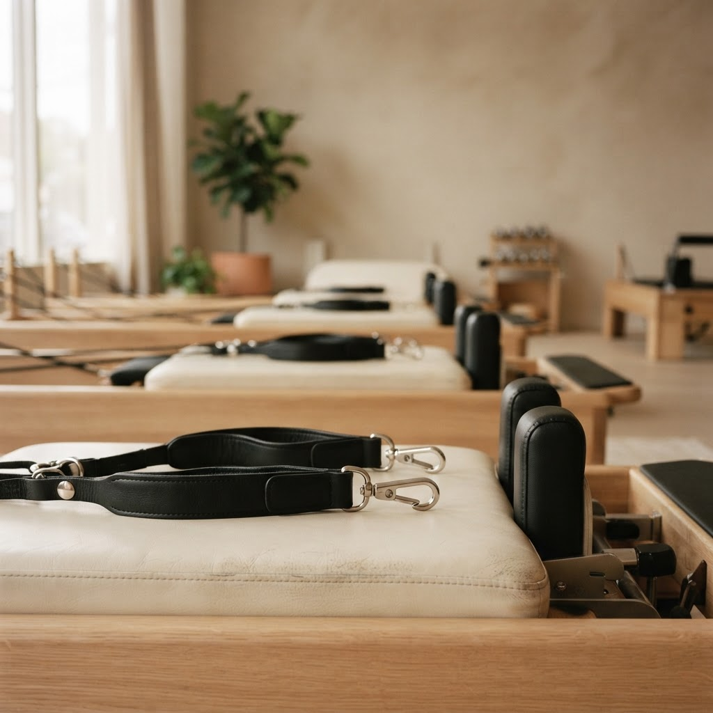 Close-up of reformer machine straps in a boutique pilates studio